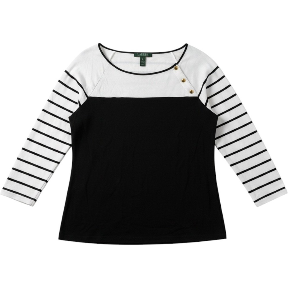 Lauren Ralph Lauren Black White Striped Button Shoulder Cotton Top XL Casual